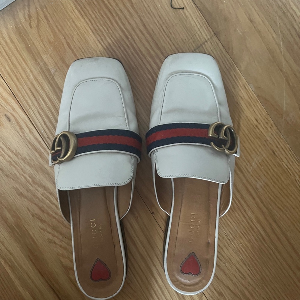 Gucci Women's White Leather Mules with Gold Accent